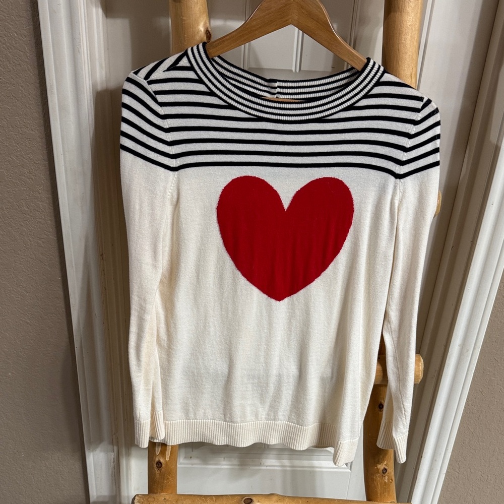 Talbots White and Black Striped Sweater with Red Heart
